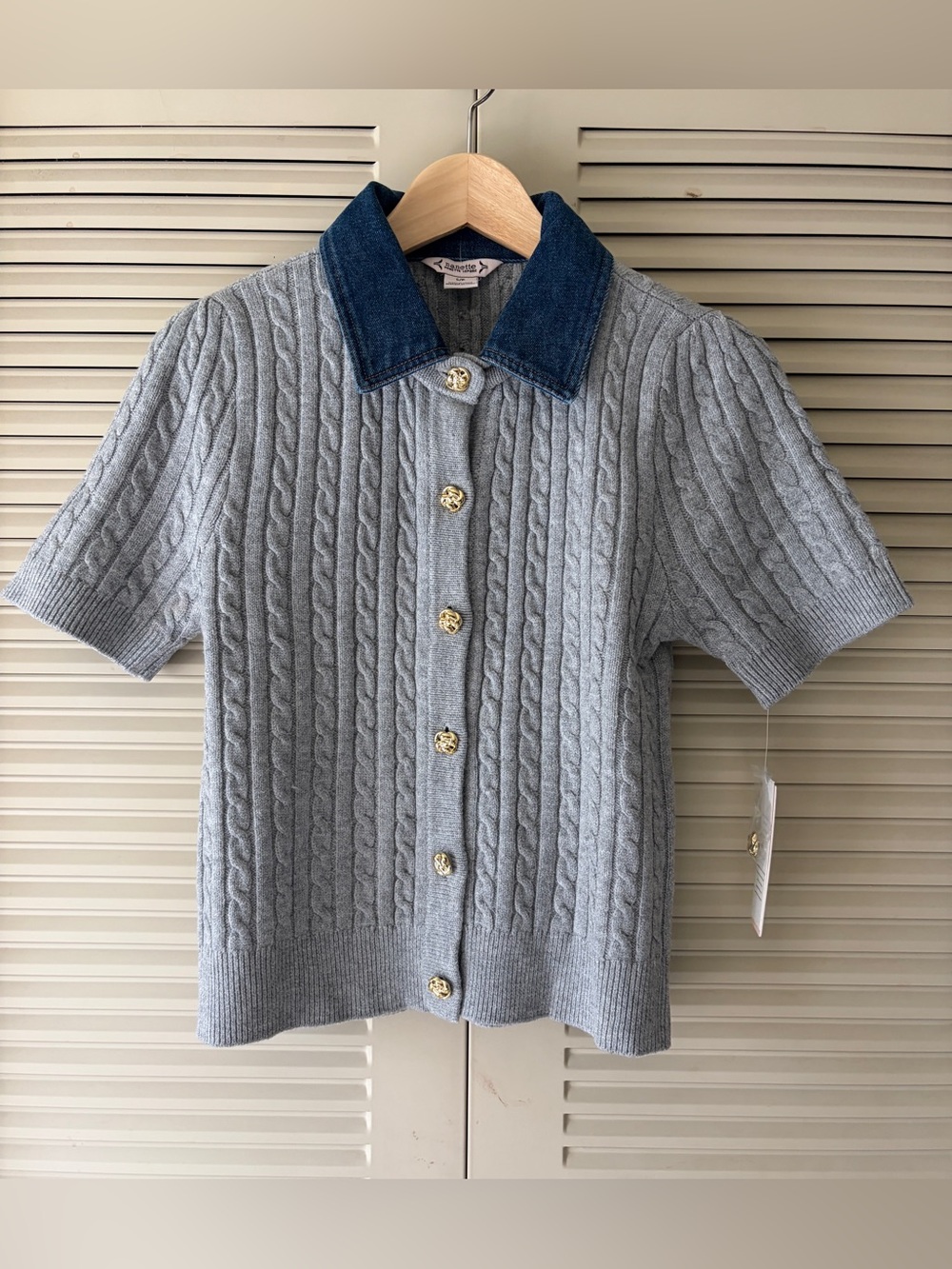 NWT Nanette Lepore Short Sleeve Cable Sweater With Denim Collar, Grey, Size S